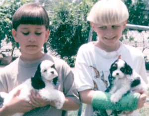 2 boys with puppies
